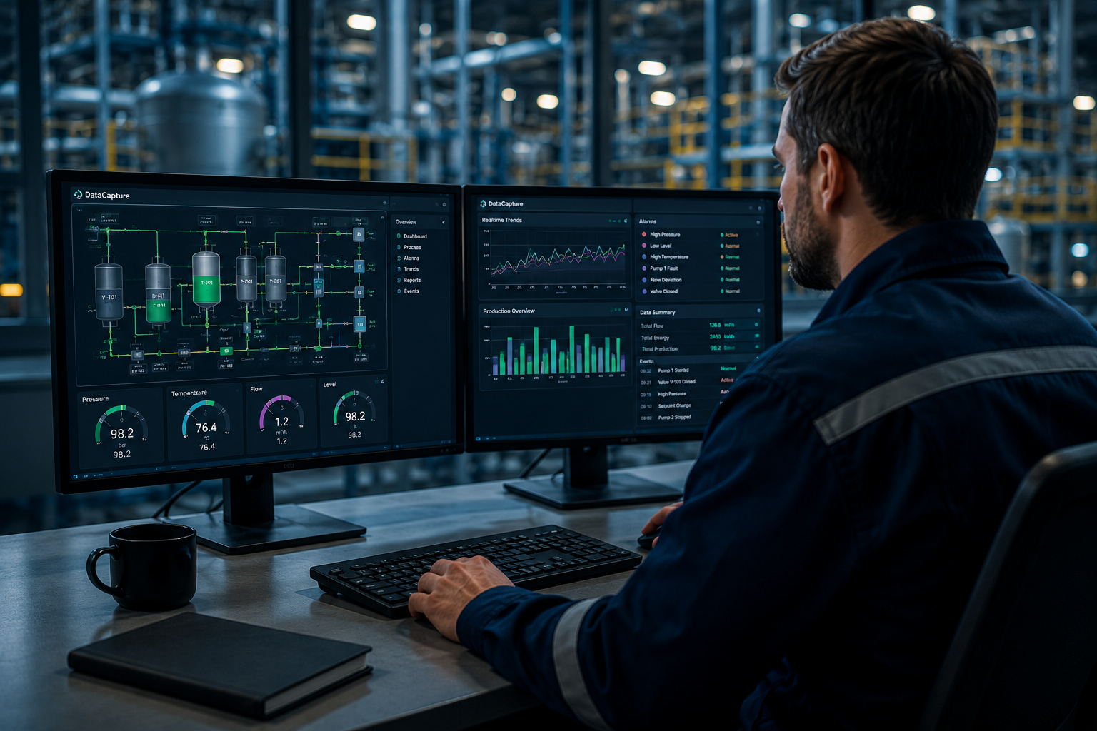 Operator monitoring industrial data on multiple screens in a control room